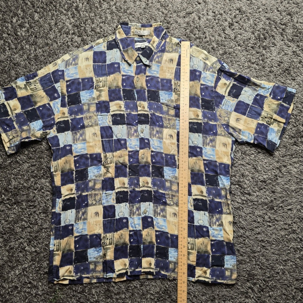 Pierre Cardin Mens Large Blue Tan Abstract Geometric Rayon Short Sleeve Shirt - Picture 2 of 5